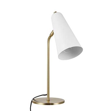 Imagem de Globe Electric 52946 Aemilia Lâmpada de mesa de 45,72 cm, latão fosco, sombra branca fosca, cordão de tecido preto, interruptor basculante liga/desliga, lâmpada de LED título 20 incluída