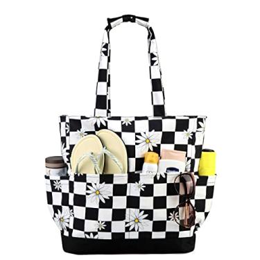 Imagem de Bolsa de Praia para Mulher, VASCHY Bolsa Tote Feminino Saco para Piscina Leve Resistente à areia Dobrável para Férias Ginásio, Quadriculado