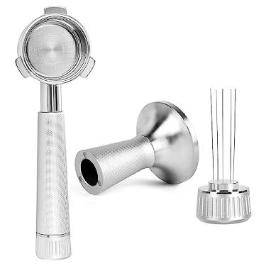 Imagem de Conjunto de calcador de café 2 em 1 Tamper de café expresso de 53 mm com agitador Base curvada em aço inoxidável de café magnético Tamper Portafiltro sem fundo com cesto de filtro