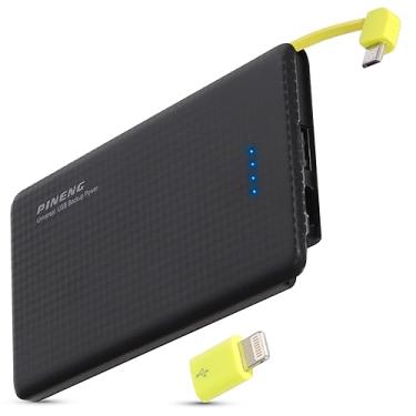 Imagem de Carregador Portátil Power Bank Slim Pineng 10.000mAh Cabo Micro Usb Embutido Indicador de Bateria Led Carga Rápida com Adaptador Para IPhone (Preto)