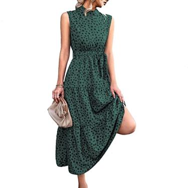 Imagem de Tbest Vestidos, Vestido Estampado de Bolinhas Com Cinto Sem Mangas Gola Midi Comprimento Cintura Alta Vestido de Verão Feminino Verde XL (S)