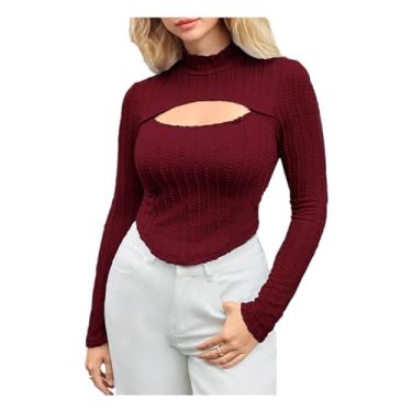 Imagem de CUOREZ Camiseta feminina outono inverno decote vazado justo malha manga longa camiseta feminina curta, Vinho tinto, P