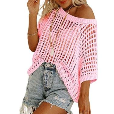 Imagem de Melliflo Suéter feminino fashion casual ombro de fora manga curta suéter vazado pulôver de malha, rosa, GG