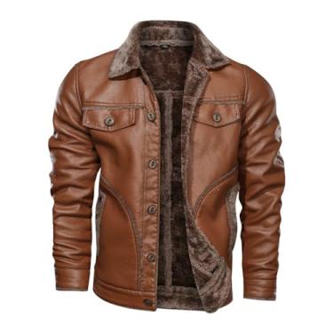 Imagem de Jaqueta masculina de lã, gola de lapela, de couro, espessa, jaqueta de inverno com botões, casaco quente casual, Café, XX-Large