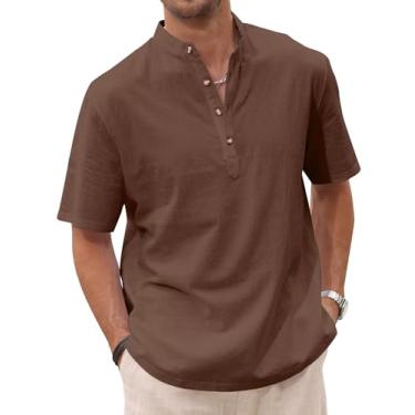Imagem de Uni Clau Camisa masculina casual Henley verão praia algodão linho manga curta Henley camisa hippie, Brwon, M