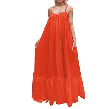 Imagem de Lainuyoah Vestidos rodados para mulheres 2024 plus size rodado praia boho vestidos de verão alças finas sem mangas 2024 vestidos em camadas, A - laranja, 3G