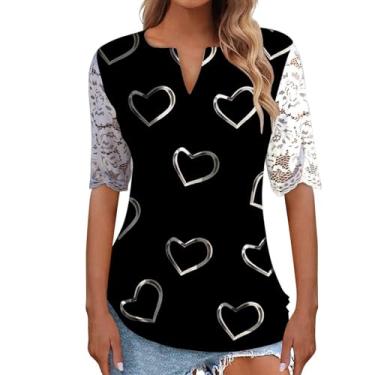 Imagem de Lainuyoah Camisetas femininas estampadas vintage moda 2024 manga 3/4 Y2K renda patchwork gola V camisas florais, A - prata, 3G