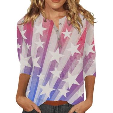 Imagem de Camiseta feminina 4 de julho casual bandeira americana listras estrelas manga 3/4 gola V túnica Memorial Day blusa patriótica, Azul-celeste, 3G