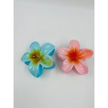 Imagem de Kit 2 Piranhas Para Cabelo Flor, BBB, Maxi Praia, Havaina, Acessório Luxo, Estilo, Flores, Brilho, Moderna, Presilha, Prendedor Pregadeira de Cabelo (Azul/Laranja)