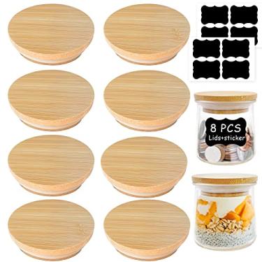 Imagem de Tampas de pote de iogurte Oui pacote com 8 tampas Oui - madeira de bambu natural com anéis de vedação de silicone e etiqueta de garrafa de iogurte Oui, para potes de iogurte Oui de 142 ml