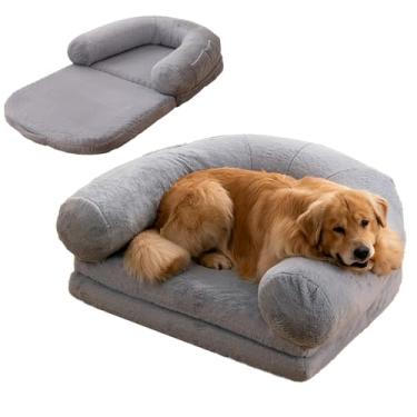 Imagem de Cama de cachorro humana ajustável, cama gigante de pele sintética de luxo para cachorro, tamanho humano, com alça portátil, cama de cachorro de espuma ortopédica de ovo lavável(Short gray)