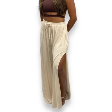 Imagem de Calça Pantalona Feminina com Fenda Lateral Cintura Alta Viscolycra - U