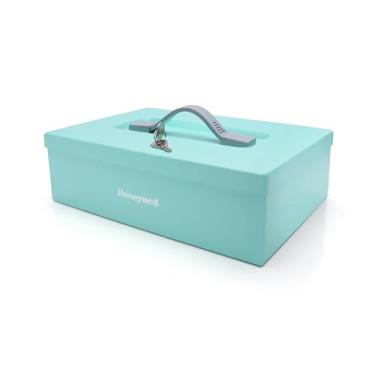 Imagem de Honeywell Cofres e fechaduras de porta 6124TL Caixa de segurança de aço com trava de chave azul-petróleo pequena com alça de transporte, 0,16 pés cúbicos, azul-petróleo