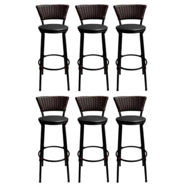 Imagem de Kit 6 Banquetas Bistro Cuba Aço Preto Junco Sintético Marrom Assento P