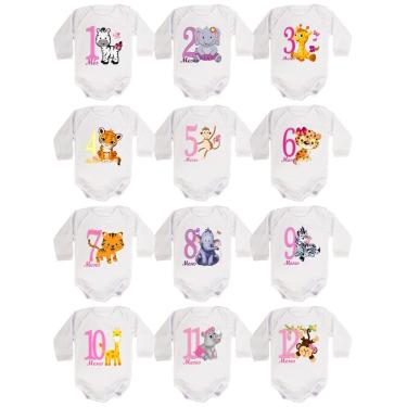 Imagem de kit Body Bebê Mesversario Manga Longa Safari Bichinhos