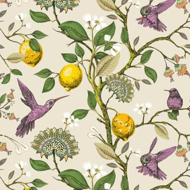 Imagem de VEELIKE Papel de parede vintage de pássaro, papel de parede para descascar e colar frutas limão para cozinha, banheiro, quarto, 40 x 900 cm, papel de parede removível de limão, papel de contato