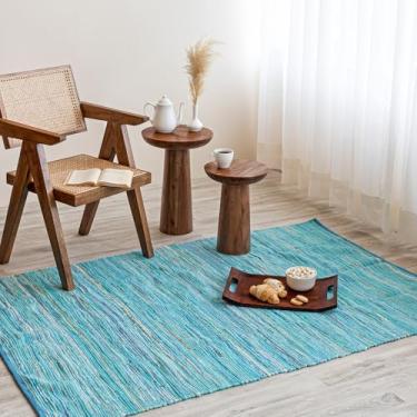 Imagem de HOMEMONDE Tapete Chindi azul-petróleo, 1,2 m x 1,8 m, de algodão macio, feito à mão, reversível, para quarto, sala de estar, cozinha, entrada