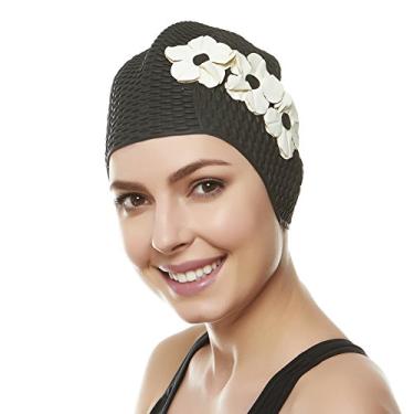 Imagem de Touca de natação de látex - Touca de natação feminina elegante ótima para mulheres, perfeita para manter o cabelo seco - adequada para cabelos longos - crepe bolha com flores pretas e brancas