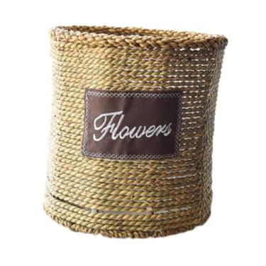 Imagem de Gralara Palha tecelagem plantador cesta de flores novidade design nórdico recipiente vaso de flores para jardim pátio corredores festa quarto, Cilíndrico