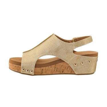 Imagem de Corkys Footwear Sandália feminina Volta II Wedge – Cunha acolchoada de 5 cm, fecho de velcro para conforto e estilo, perfeita para roupas casuais e elegantes, uso durante todo o dia, Textura dourada,