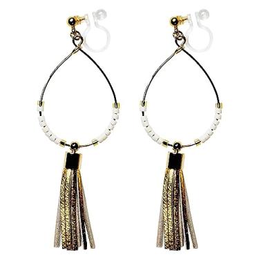 Imagem de Miyabi Grace Brincos elegantes de couro sintético com franja invisível com clipe para mulheres com contas étnicas não Piercec brincos de argola, Resina