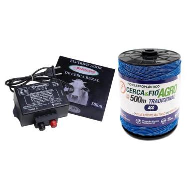 Imagem de Kit Eletrificador Cerca Elétrica Rural Gado e Fio 500m 30km Azul - FAZ
