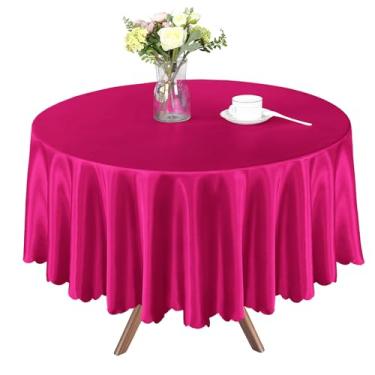 Imagem de Homiest 1 pacote com 1,8 m toalha de mesa redonda de 1,8 m, toalha de mesa rosa choque sobreposta decorações de mesa brilhantes, toalhas de mesa de jantar de cetim sedoso para recepção de casamento e