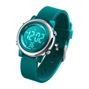 Imagem de cofuo Relógio esportivo digital infantil à prova d'água para meninas e meninos, esportes infantis ao ar livre com LED elétrico com alarme luminoso, cronômetro, relógio de pulso infantil, Verde escuro