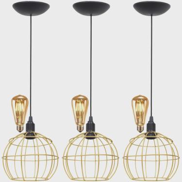 Imagem de 3 Pendentes Aramado Teto Globo Luminária Lustre Retrô Balcão + Lâmpada Led ST64 Vintage Dourado
