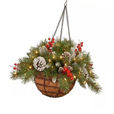 Imagem de Cesta de Natal fosca para pendurar 20 x 45 cm, realista, artificial, pinhas, decoração de bagas com cordão de luz para parede de janela de porta (sem bateria)