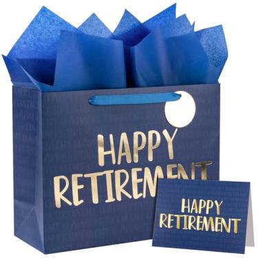 Imagem de WRAPAHOLIC Saco grande de presente de aposentadoria de 33 cm com cartão e papel de seda - Letras de Happy Retirement em ouro azul