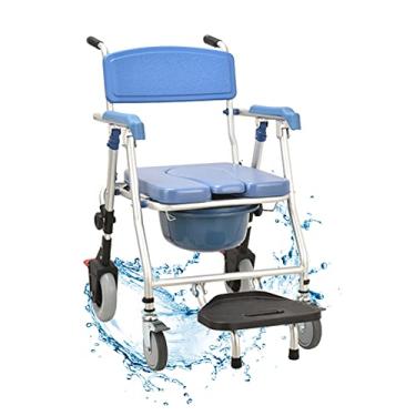 Imagem de Cadeira cômoda para vaso sanitário com braços dobrável, cadeira de rodas de chuveiro, cadeira de transporte de banheira e cadeira de transporte de cômoda com rodas para chuveiro interno cadeira de