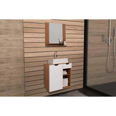 Imagem de Kit De Banheiro Armário Bn3610 E Balcão Suspenso Bn3605 Pia Bn3600 60cm Amêndoa-branco Tecno Mobili