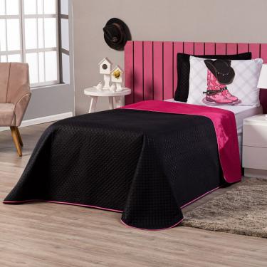 Imagem de Kit Cobre Leito Boiadeira Preto/pink Dupla Face Com Fronha Estampada Solteiro 03 Peças