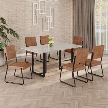 Imagem de Conjunto Sala De Jantar Mesa 160x90cm Base Lunna Tampo Mdf Laca Com Vidro Napoli Marrom Preto