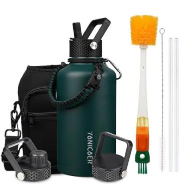 Imagem de YONICOER Garrafa de água isolada de 1,8 g, aço inoxidável a vácuo de parede tripla (lavável na lava-louças), à prova de vazamento e não BPA, jarro com alça de paracord e tampas de bico de palha, verde