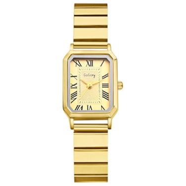 Imagem de JewelryWe Relógio feminino quadrado retangular: mostrador retangular, algarismos romanos, analógico, quartzo, relógio de pulso vintage, dourado, pequeno, aço inoxidável, Dourado, Adjustable