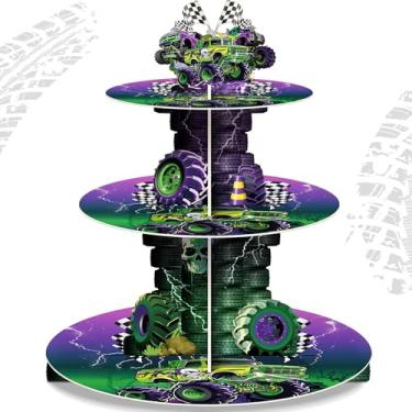Imagem de Weysat 3 níveis verde e roxo decoração de festa Monster Truck suporte temático de cupcake torre de cupcake lembrancinhas para corrida, chá de bebê, festa de aniversário, suprimentos de mesa