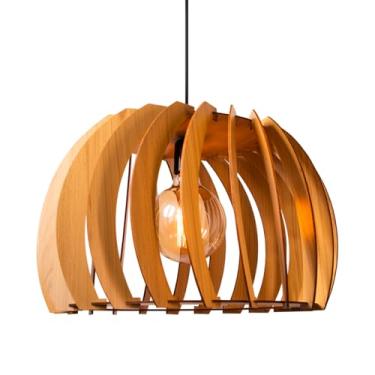 Imagem de Luminária Pendente Grande Redondo Aletado Madeira Rustico (marfim)