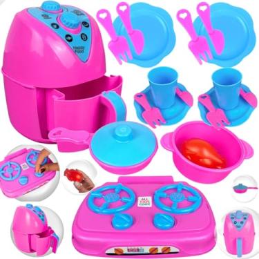 Imagem de Kit Cozinha Infantil Completo 11 Peças Fogão e Air Fryer Rosa e Azul Brinquedo Educativo
