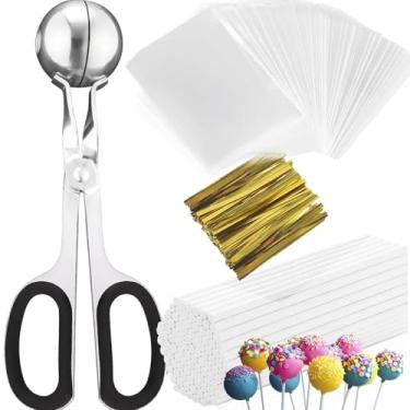 Imagem de Kit pop de bolo, 100 palitos de bolo de 15 cm, 100 sacos de bolo, 100 laços torcidos, 1 rolo de molde para bolo, pop pop para bolo, pirulito, doces, chocolates e biscoitos (Preto)