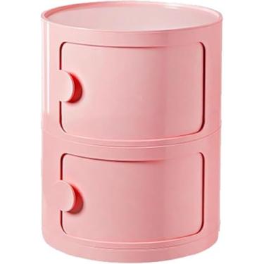 Imagem de Mesa De Cabeceira Redonda Com Gavetas, Pequena Mesa De Cabeceira Com Armazenamento, Armário De Armazenamento Com Portas De Correr, Mesa De Cabeceira Estreita, Baú De Mesa De, Pink, 2 tier