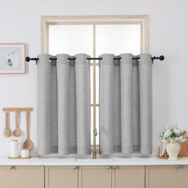 Imagem de Chyhomenyc Cortinas cinza claro 91 cm de comprimento, filtragem leve de linho sintético texturizado, pequenas cortinas de janela de cozinha sobre a pia, cortina curta de café com ilhós para porão de