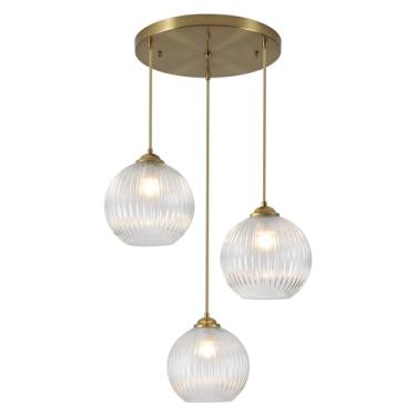 Imagem de Magiroz 3 luminárias pendentes de luz dourada escovada ilha de cozinha iluminação moderna aglomerado de vidro transparente lustre cordão ajustável luz de suspensão de latão antigo para sala de jantar