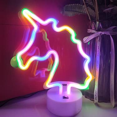 Imagem de JYWJ Placa neon de unicórnio com base de suporte, luz neon alimentada por bateria USB ou 3-AA, decoração de parede de mesa de LED, várias festas, decoração de instalações comerciais (cor)