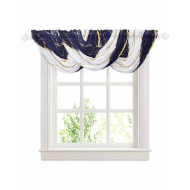 Imagem de Cortinas sanfonadas de cachoeira para janelas azul branco mármore swag saia dourada arte abstrata transparente tratamento de janela para sala de estar cozinha quarto banheiro varão bolso cortina
