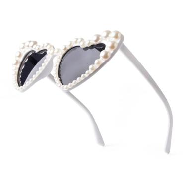Imagem de Laurinny Óculos de sol de coração para mulheres, moderno, pérola, olho de gato, óculos de sol em forma de coração para festas, viagens, Branco/Cinza, 150mm