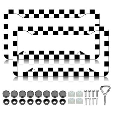 Imagem de Moldura de placa de licença padrão de tabuleiro de xadrez - 2 peças com padrão de tabuleiro de xadrez preto e branco engraçado suporte de placa de licença de alumínio, à prova de ferrugem, à prova