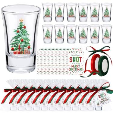 Imagem de Tiangrid 24 peças de copos de shot de lembrancinhas de festa de Natal de 42,5 g a granel com base pesada copos pequenos de shot com cartões de Natal, sacos de presente e fitas para meias de Natal
