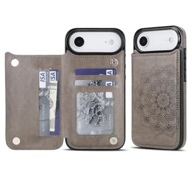 Imagem de Capa carteira para iPhone Air, anti-impressão digital com couro sintético durável e TPU, padrão mandala em relevo, à prova de choque, 3 compartimentos para cartão e suporte (cinza)